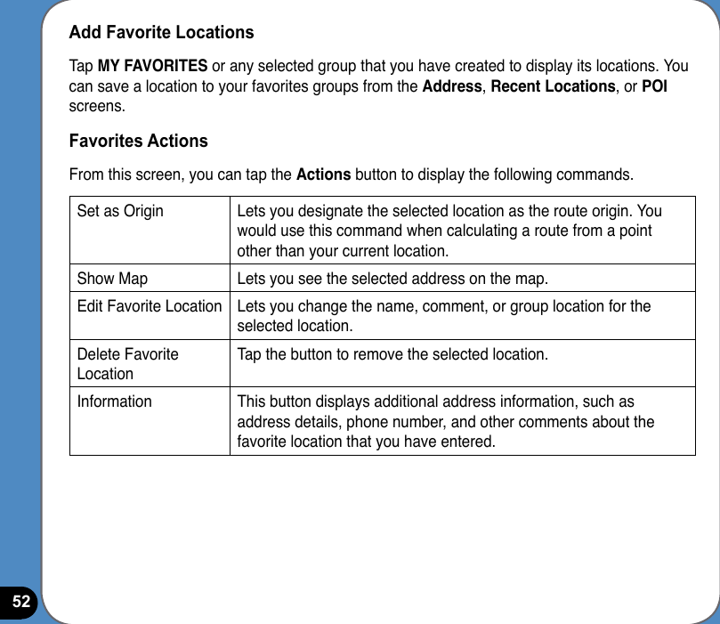 52Add Favorite LocationsTap MY FAVORITES or any selected group that you have created to display its locations. You can save a location to your favorites groups from the Address, Recent Locations, or POI screens. Favorites ActionsFrom this screen, you can tap the Actions button to display the following commands.Set as Origin Lets you designate the selected location as the route origin. You would use this command when calculating a route from a point other than your current location.Show Map Lets you see the selected address on the map.Edit Favorite Location Lets you change the name, comment, or group location for the selected location.Delete Favorite LocationTap the button to remove the selected location.Information This button displays additional address information, such as address details, phone number, and other comments about the favorite location that you have entered.