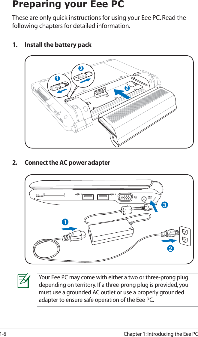 1-6Chapter 1: Introducing the Eee PCPreparing your Eee PCThese are only quick instructions for using your Eee PC. Read the following chapters for detailed information.1. Install the battery pack2. Connect the AC power adapterYour Eee PC may come with either a two or three-prong plug depending on territory. If a three-prong plug is provided, you must use a grounded AC outlet or use a properly grounded adapter to ensure safe operation of the Eee PC.132