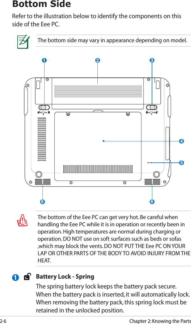 2-6Chapter 2: Knowing the PartsBottom SideRefer to the illustration below to identify the components on this side of the Eee PC.The bottom side may vary in appearance depending on model.The bottom of the Eee PC can get very hot. Be careful when handling the Eee PC while it is in operation or recently been in operation. High temperatures are normal during charging or operation. DO NOT use on soft surfaces such as beds or sofas ,which may block the vents. DO NOT PUT THE Eee PC ON YOUR LAP OR OTHER PARTS OF THE BODY TO AVOID INJURY FROM THE HEAT. 1221 3456 6Battery Lock - SpringThe spring battery lock keeps the battery pack secure. When the battery pack is inserted, it will automatically lock. When removing the battery pack, this spring lock must be retained in the unlocked position.1