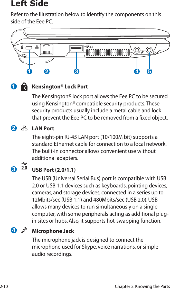 2-10Chapter 2: Knowing the Parts21 3 4 5Left SideRefer to the illustration below to identify the components on this side of the Eee PC.Kensington® Lock PortThe Kensington® lock port allows the Eee PC to be secured using Kensington®compatible security products. These security products usually include a metal cable and lock that prevent the Eee PC to be removed from a ﬁxed object. LAN PortThe eight-pin RJ-45 LAN port (10/100M bit) supports a standard Ethernet cable for connection to a local network. The built-in connector allows convenient use without additional adapters.2.0USB Port (2.0/1.1)The USB (Universal Serial Bus) port is compatible with USB 2.0 or USB 1.1 devices such as keyboards, pointing devices, cameras, and storage devices, connected in a series up to 12Mbits/sec (USB 1.1) and 480Mbits/sec (USB 2.0). USB allows many devices to run simultaneously on a single computer, with some peripherals acting as additional plug-in sites or hubs. Also, it supports hot-swapping function.Microphone JackThe microphone jack is designed to connect the microphone used for Skype, voice narrations, or simple audio recordings.1234