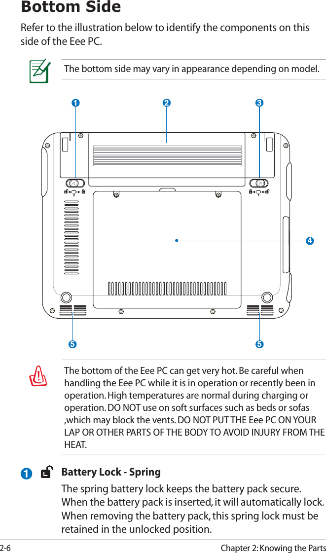 2-6Chapter 2: Knowing the PartsBottom SideRefer to the illustration below to identify the components on this side of the Eee PC.The bottom side may vary in appearance depending on model.The bottom of the Eee PC can get very hot. Be careful when handling the Eee PC while it is in operation or recently been in operation. High temperatures are normal during charging or operation. DO NOT use on soft surfaces such as beds or sofas ,which may block the vents. DO NOT PUT THE Eee PC ON YOUR LAP OR OTHER PARTS OF THE BODY TO AVOID INJURY FROM THE HEAT. 1221 345 5  Battery Lock - Spring  The spring battery lock keeps the battery pack secure. When the battery pack is inserted, it will automatically lock. When removing the battery pack, this spring lock must be retained in the unlocked position.1