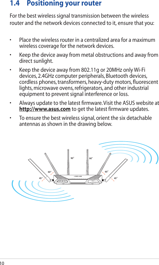 101.4  Positioning your routerFor the best wireless signal transmission between the wireless router and the network devices connected to it, ensure that you:• Placethewirelessrouterinacentralizedareaforamaximumwireless coverage for the network devices.• Keepthedeviceawayfrommetalobstructionsandawayfromdirect sunlight.• Keepthedeviceawayfrom802.11gor20MHzonlyWi-Fidevices, 2.4GHz computer peripherals, Bluetooth devices, cordless phones, transformers, heavy-duty motors, fluorescent lights, microwave ovens, refrigerators, and other industrial equipment to prevent signal interference or loss.• Alwaysupdatetothelatestfirmware.VisittheASUSwebsiteathttp://www.asus.com to get the latest firmware updates.• Toensurethebestwirelesssignal,orientthesixdetachableantennas as shown in the drawing below.45°60°45°60°90°90°LED WiFiUSB 3.0