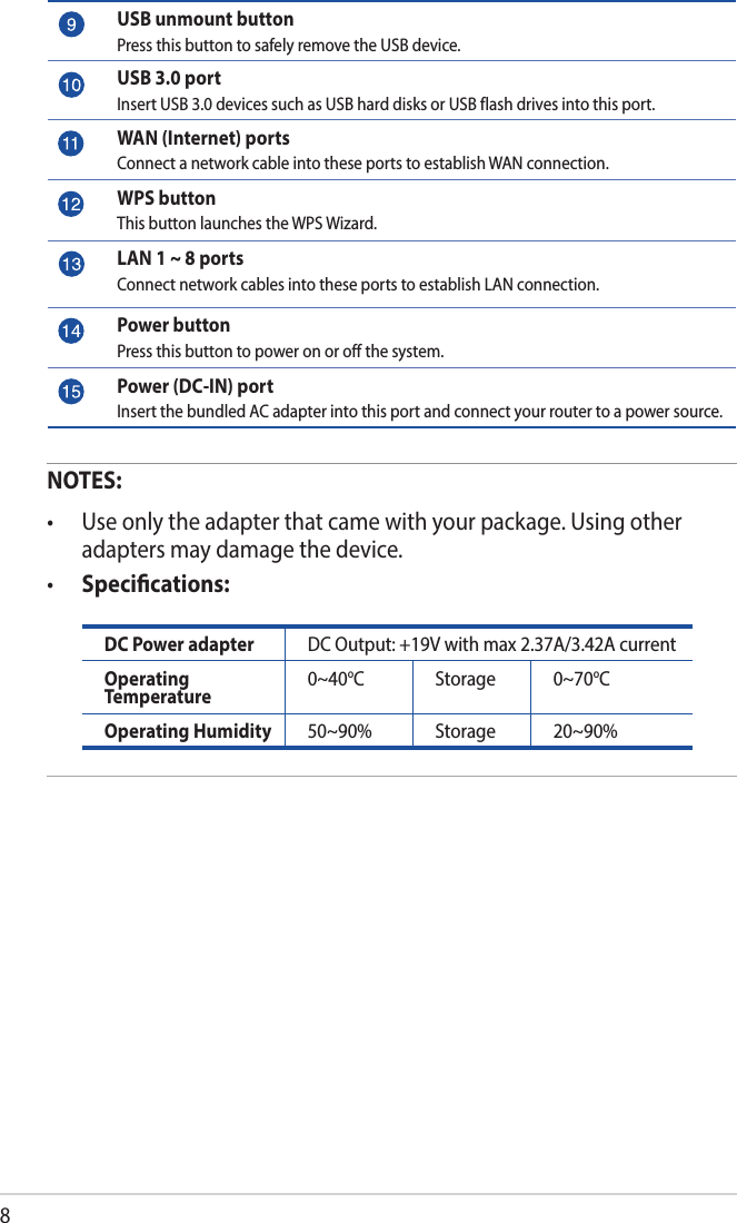 8NOTES: • Useonlytheadapterthatcamewithyourpackage.Usingotheradapters may damage the device.• Specications:  DC Power adapter DC Output:  +19V with max 2.37A/3.42A currentOperating Temperature 0~40oCStorage 0~70oCOperating Humidity 50~90% Storage 20~90%    USB unmount buttonPress this button to safely remove the USB device.USB 3.0 portInsert USB 3.0 devices such as USB hard disks or USB flash drives into this port.WAN (Internet) portsConnect a network cable into these ports to establish WAN connection.WPS buttonThis button launches the WPS Wizard. LAN 1 ~ 8 portsConnect network cables into these ports to establish LAN connection.Power buttonPress this button to power on or off the system.Power (DC-IN) portInsert the bundled AC adapter into this port and connect your router to a power source.