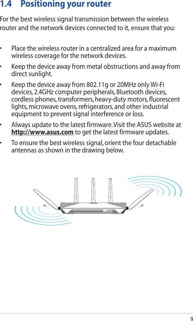 91.4  Positioning your routerFor the best wireless signal transmission between the wireless router and the network devices connected to it, ensure that you:• Placethewirelessrouterinacentralizedareaforamaximumwireless coverage for the network devices.• Keepthedeviceawayfrommetalobstructionsandawayfromdirect sunlight.• Keepthedeviceawayfrom802.11gor20MHzonlyWi-Fidevices, 2.4GHz computer peripherals, Bluetooth devices, cordlessphones,transformers,heavy-dutymotors,fluorescentlights, microwave ovens, refrigerators, and other industrial equipment to prevent signal interference or loss.• Alwaysupdatetothelatestfirmware.VisittheASUSwebsiteathttp://www.asus.com to get the latest firmware updates.• Toensurethebestwirelesssignal,orientthefourdetachableantennas as shown in the drawing below.45°45°