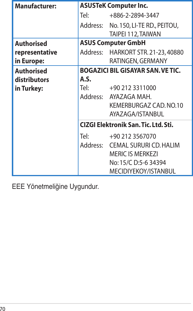 70Manufacturer: ASUSTeK Computer Inc.Tel: +886-2-2894-3447Address: No. 150, LI-TE RD., PEITOU, TAIPEI 112, TAIWANAuthorised representative  in Europe:ASUS Computer GmbHAddress: HARKORT STR. 21-23, 40880 RATINGEN, GERMANYAuthorised distributors  in Turkey:BOGAZICI BIL GISAYAR SAN. VE TIC. A.S.Tel: +90 212 3311000Address: AYAZAGA MAH. KEMERBURGAZ CAD. NO.10 AYAZAGA/ISTANBULCIZGI Elektronik San. Tic. Ltd. Sti.Tel: +90 212 3567070Address: CEMAL SURURI CD. HALIM MERIC IS MERKEZI No: 15/C D:5-6 34394 MECIDIYEKOY/ISTANBULEEE Yönetmeliğine Uygundur.