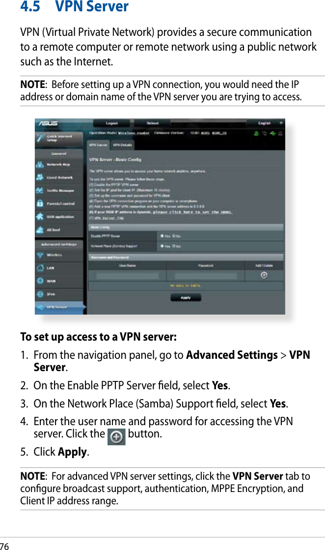 764.5  VPN ServerVPN (Virtual Private Network) provides a secure communication to a remote computer or remote network using a public network such as the Internet.NOTE:  Before setting up a VPN connection, you would need the IP address or domain name of the VPN server you are trying to access.To set up access to a VPN server:1.  From the navigation panel, go to Advanced Settings &gt; VPN Server.2.  On the Enable PPTP Server eld, select Yes.3.  On the Network Place (Samba) Support eld, select Yes.4.  Enter the user name and password for accessing the VPN server. Click the  button.5.  Click Apply.NOTE:  For advanced VPN server settings, click the VPN Server tab to congure broadcast support, authentication, MPPE Encryption, and Client IP address range.