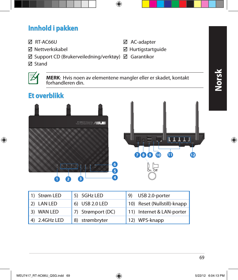 69NorskInnhold i pakken  RT-AC66U           AC-adapter   Nettverkskabel        Hurtigstartguide  Support CD (Brukerveiledning/verktøy)     Garantikor  StandEt overblikk1)   Strøm LED 5)   5GHz LED 9)     USB 2.0-porter2)   LAN LED 6)   USB 2.0 LED 10)   Reset (Nullstill)-knapp3)   WAN LED 7)   Strømport (DC) 11)    Internet &amp; LAN-porter4)   2.4GHz LED 8)   strømbryter 12)   WPS-knappMERK:  Hvis noen av elementene mangler eller er skadet, kontakt forhandleren din.7 9 10 121181 2 3564WEU7417_RT-AC66U_QSG.indd   69 5/22/12   6:04:13 PM