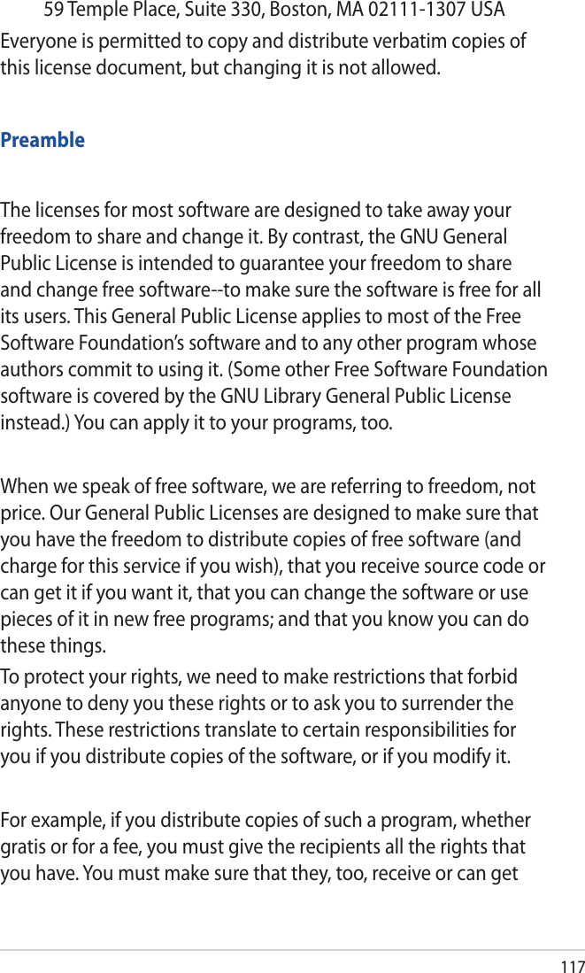 11759 Temple Place, Suite 330, Boston, MA 02111-1307 USAEveryone is permitted to copy and distribute verbatim copies of this license document, but changing it is not allowed.PreambleThe licenses for most software are designed to take away your freedom to share and change it. By contrast, the GNU General Public License is intended to guarantee your freedom to share and change free software--to make sure the software is free for all its users. This General Public License applies to most of the Free Software Foundation’s software and to any other program whose authors commit to using it. (Some other Free Software Foundation software is covered by the GNU Library General Public License instead.) You can apply it to your programs, too.When we speak of free software, we are referring to freedom, not price. Our General Public Licenses are designed to make sure that you have the freedom to distribute copies of free software (and charge for this service if you wish), that you receive source code or can get it if you want it, that you can change the software or use pieces of it in new free programs; and that you know you can do these things.To protect your rights, we need to make restrictions that forbid anyone to deny you these rights or to ask you to surrender the rights. These restrictions translate to certain responsibilities for you if you distribute copies of the software, or if you modify it.For example, if you distribute copies of such a program, whether gratis or for a fee, you must give the recipients all the rights that you have. You must make sure that they, too, receive or can get 