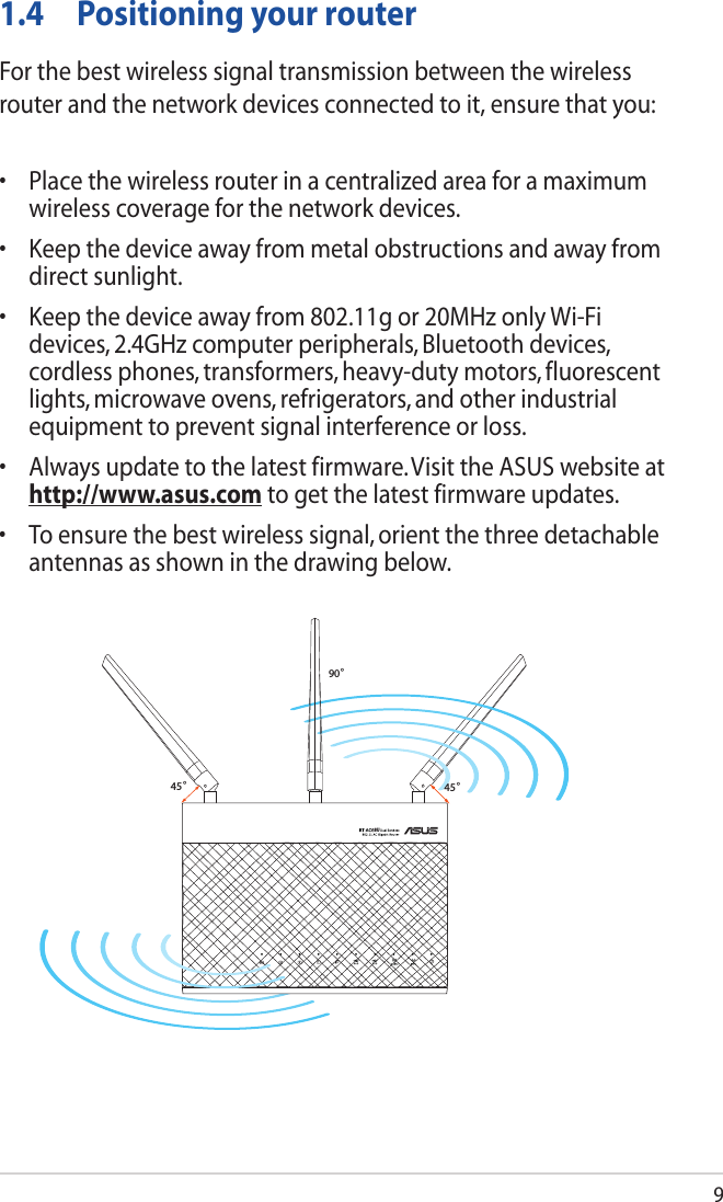 91.4  Positioning your routerFor the best wireless signal transmission between the wireless router and the network devices connected to it, ensure that you:• Placethewirelessrouterinacentralizedareaforamaximumwireless coverage for the network devices.• Keepthedeviceawayfrommetalobstructionsandawayfromdirect sunlight.• Keepthedeviceawayfrom802.11gor20MHzonlyWi-Fidevices, 2.4GHz computer peripherals, Bluetooth devices, cordless phones, transformers, heavy-duty motors, fluorescent lights, microwave ovens, refrigerators, and other industrial equipment to prevent signal interference or loss.• Alwaysupdatetothelatestfirmware.VisittheASUSwebsiteathttp://www.asus.com to get the latest firmware updates.• Toensurethebestwirelesssignal,orientthethreedetachableantennas as shown in the drawing below.45°90°45°8U