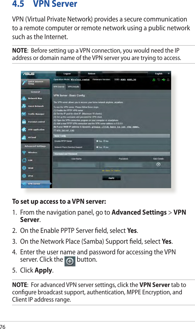 764.5  VPN ServerVPN (Virtual Private Network) provides a secure communication to a remote computer or remote network using a public network such as the Internet.NOTE:  Before setting up a VPN connection, you would need the IP address or domain name of the VPN server you are trying to access.To set up access to a VPN server:1.  From the navigation panel, go to Advanced Settings &gt; VPN Server.2.  On the Enable PPTP Server ﬁeld, select Yes.3.  On the Network Place (Samba) Support ﬁeld, select Ye s.4.  Enter the user name and password for accessing the VPN server. Click the  button.5. Click Apply.NOTE:  For advanced VPN server settings, click the VPN Server tab to conﬁgure broadcast support, authentication, MPPE Encryption, and Client IP address range.