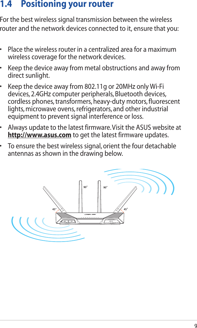 91.4  Positioning your routerFor the best wireless signal transmission between the wireless router and the network devices connected to it, ensure that you:• Placethewirelessrouterinacentralizedareaforamaximumwireless coverage for the network devices.• Keepthedeviceawayfrommetalobstructionsandawayfromdirect sunlight.• Keepthedeviceawayfrom802.11gor20MHzonlyWi-Fidevices, 2.4GHz computer peripherals, Bluetooth devices, cordless phones, transformers, heavy-duty motors, fluorescent lights, microwave ovens, refrigerators, and other industrial equipment to prevent signal interference or loss.• Alwaysupdatetothelatestfirmware.VisittheASUSwebsiteathttp://www.asus.com to get the latest firmware updates.• Toensurethebestwirelesssignal,orientthefourdetachableantennas as shown in the drawing below.45°90°45°90°LED WiFiUSB 3.0