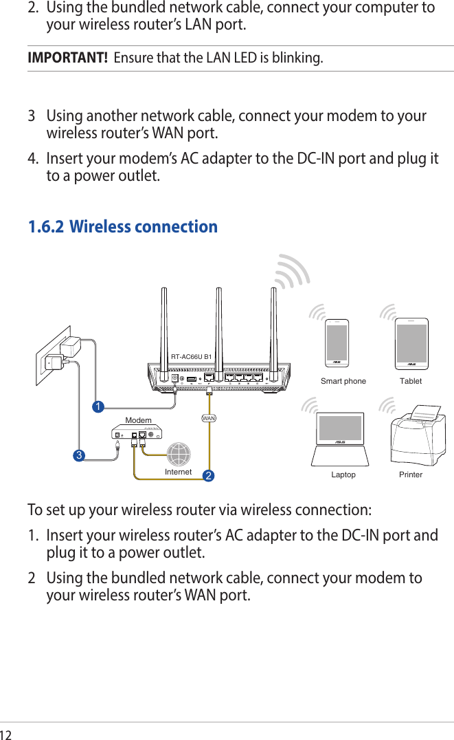 122.  Using the bundled network cable, connect your computer to your wireless router’s LAN port.IMPORTANT!  Ensure that the LAN LED is blinking.3  Using another network cable, connect your modem to your wireless router’s WAN port.4.  Insert your modem’s AC adapter to the DC-IN port and plug it to a power outlet.1.6.2 Wireless connectionPrinterLaptopTabletSmart phoneRT-AC66U B12WAN13InternetModemTo set up your wireless router via wireless connection:1.  Insert your wireless router’s AC adapter to the DC-IN port and plug it to a power outlet.2  Using the bundled network cable, connect your modem to your wireless router’s WAN port.