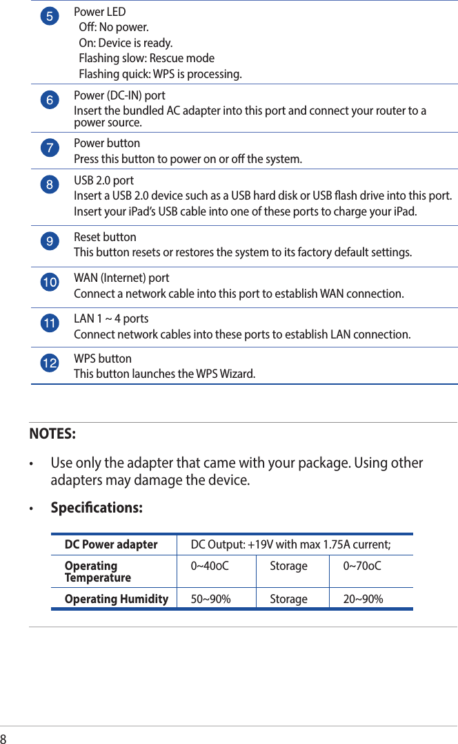 8NOTES: • Useonlytheadapterthatcamewithyourpackage.Usingotheradapters may damage the device.• Specications:  DC Power adapter DC Output:  +19V with max 1.75A current;Operating Temperature 0~40oC Storage 0~70oCOperating Humidity 50~90% Storage 20~90%    Power LED  O: No power.  On: Device is ready.  Flashing slow: Rescue mode   Flashing quick: WPS is processing. Power (DC-IN) portInsert the bundled AC adapter into this port and connect your router to a power source. Power buttonPress this button to power on or o the system.USB 2.0 portInsert a USB 2.0 device such as a USB hard disk or USB ash drive into this port.Insert your iPad’s USB cable into one of these ports to charge your iPad. Reset buttonThis button resets or restores the system to its factory default settings.WAN (Internet) portConnect a network cable into this port to establish WAN connection.LAN 1 ~ 4 portsConnect network cables into these ports to establish LAN connection.WPS buttonThis button launches the WPS Wizard.