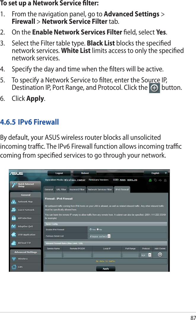 87To set up a Network Service ﬁlter:1.  From the navigation panel, go to Advanced Settings &gt; Firewall &gt; Network Service Filter tab.2.  On the Enable Network Services Filter ﬁeld, select Ye s.3.  Select the Filter table type. Black List blocks the speciﬁed network services. White List limits access to only the speciﬁed network services.4.  Specify the day and time when the ﬁlters will be active. 5.  To specify a Network Service to ﬁlter, enter the Source IP, Destination IP, Port Range, and Protocol. Click the  button.6. Click Apply.4.6.5 IPv6 FirewallBy default, your ASUS wireless router blocks all unsolicited incoming traﬃc. The IPv6 Firewall function allows incoming traﬃc coming from speciﬁed services to go through your network.