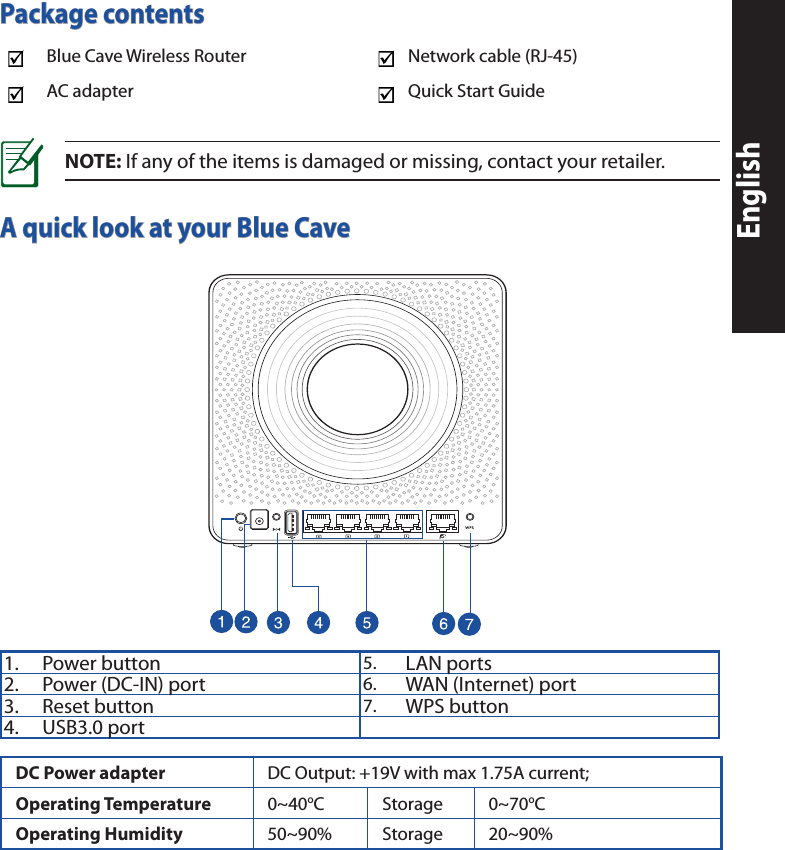 A quick look at your Blue CaveNOTE: If any of the items is damaged or missing, contact your retailer.Package contentsBlue Cave Wireless Router Network cable (RJ-45)AC adapter Quick Start Guide1. Power button 5. LAN ports2. Power (DC-IN) port 6. WAN (Internet) port3. Reset button 7. WPS button4. USB3.0 portEnglishDC Power adapter DC Output:  +19V with max 1.75A current;Operating Temperature 0~40oCStorage 0~70oCOperating Humidity 50~90% Storage 20~90%