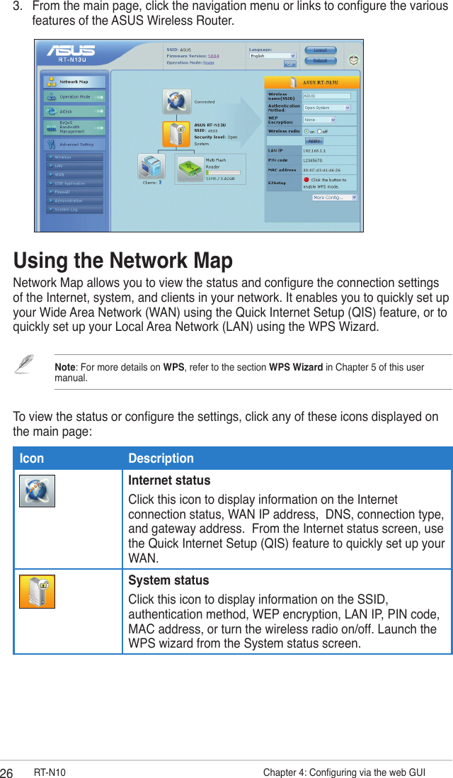 26 RT-N10                    Chapter 4: Conguring via the web GUI3.  From the main page, click the navigation menu or links to congure the various features of the ASUS Wireless Router.Using the Network MapNetwork Map allows you to view the status and congure the connection settings of the Internet, system, and clients in your network. It enables you to quickly set up your Wide Area Network (WAN) using the Quick Internet Setup (QIS) feature, or to quickly set up your Local Area Network (LAN) using the WPS Wizard.Note: For more details on WPS, refer to the section WPS Wizard in Chapter 5 of this user manual.To view the status or congure the settings, click any of these icons displayed on the main page:Icon DescriptionInternet statusClick this icon to display information on the Internet connection status, WAN IP address,  DNS, connection type, and gateway address.  From the Internet status screen, use the Quick Internet Setup (QIS) feature to quickly set up your WAN.System statusClick this icon to display information on the SSID, authentication method, WEP encryption, LAN IP, PIN code, MAC address, or turn the wireless radio on/off. Launch the WPS wizard from the System status screen.