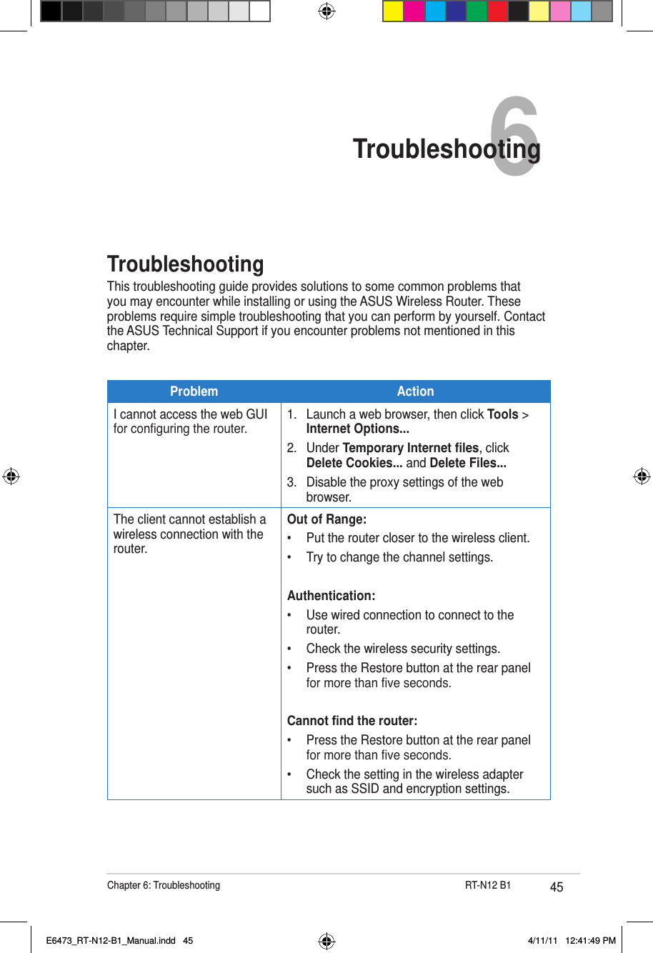 45Chapter 6: Troubleshooting                        RT-N12 B16TroubleshootingTroubleshootingThis troubleshooting guide provides solutions to some common problems that you may encounter while installing or using the ASUS Wireless Router. These problems require simple troubleshooting that you can perform by yourself. Contact the ASUS Technical Support if you encounter problems not mentioned in this chapter.Problem ActionI cannot access the web GUI for conguring the router.1.  Launch a web browser, then click Tools &gt; Internet Options...2.  Under Temporary Internet les, click Delete Cookies... and Delete Files...3.  Disable the proxy settings of the web browser.The client cannot establish a wireless connection with the router.Out of Range:•  Put the router closer to the wireless client.•  Try to change the channel settings.Authentication:•  Use wired connection to connect to the router.•  Check the wireless security settings.•  Press the Restore button at the rear panel for more than ve seconds.Cannot nd the router:•  Press the Restore button at the rear panel for more than ve seconds.•  Check the setting in the wireless adapter such as SSID and encryption settings.E6473_RT-N12-B1_Manual.indd   45 4/11/11   12:41:49 PM