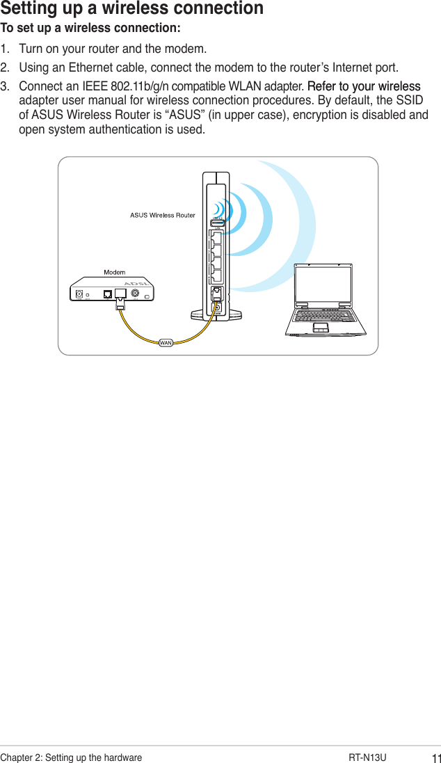 11Chapter 2: Setting up the hardware                     RT-N13USetting up a wireless connectionTo set up a wireless connection:1.  Turn on your router and the modem.2.  Using an Ethernet cable, connect the modem to the router’s Internet port.3.  Connect an IEEE 802.11b/g/n compatible WLAN adapter. Refer to your wirelessRefer to your wireless adapter user manual for wireless connection procedures. By default, the SSID of ASUS Wireless Router is “ASUS” (in upper case), encryption is disabled and open system authentication is used. 