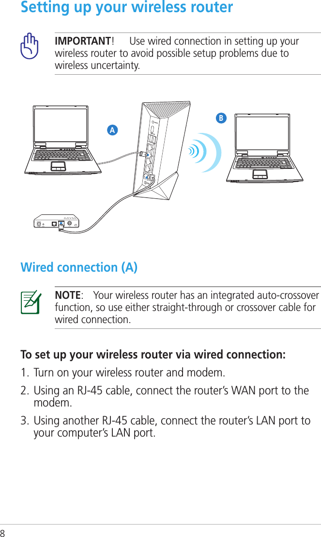 8Setting up your wireless routerWired connection (A)IMPORTANT!  Use wired connection in setting up your wireless router to avoid possible setup problems due to wireless uncertainty.NOTE:  Your wireless router has an integrated auto-crossover function, so use either straight-through or crossover cable for wired connection.ABTo set up your wireless router via wired connection:1. Turn on your wireless router and modem. 2. Using an RJ-45 cable, connect the router’s WAN port to the modem.3. Using another RJ-45 cable, connect the router’s LAN port to your computer’s LAN port.