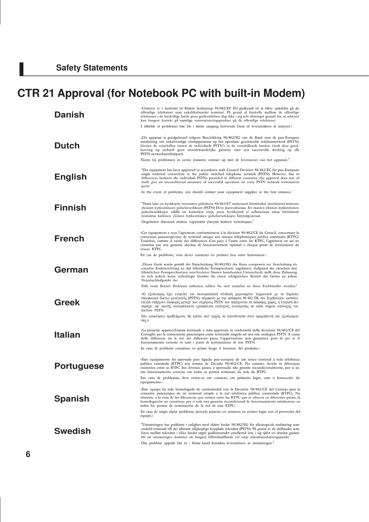 6DanishDutchEnglishFinnishFrenchGermanGreekItalianPortugueseSpanishSwedishCTR 21 Approval (for Notebook PC with built-in Modem)Safety Statements