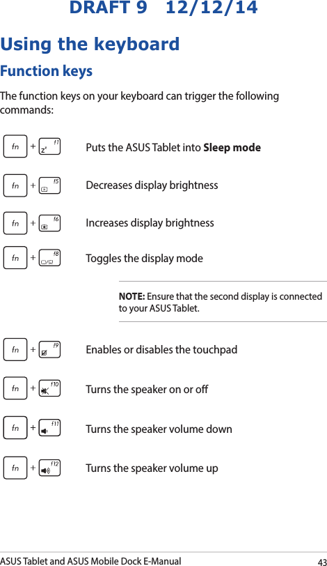 ASUS Tablet and ASUS Mobile Dock E-Manual43DRAFT 9   12/12/14Function keysThe function keys on your keyboard can trigger the following commands:Using the keyboardPuts the ASUS Tablet into Sleep modeDecreases display brightnessIncreases display brightnessToggles the display modeNOTE: Ensure that the second display is connected to your ASUS Tablet.Enables or disables the touchpadTurns the speaker on or oTurns the speaker volume downTurns the speaker volume up