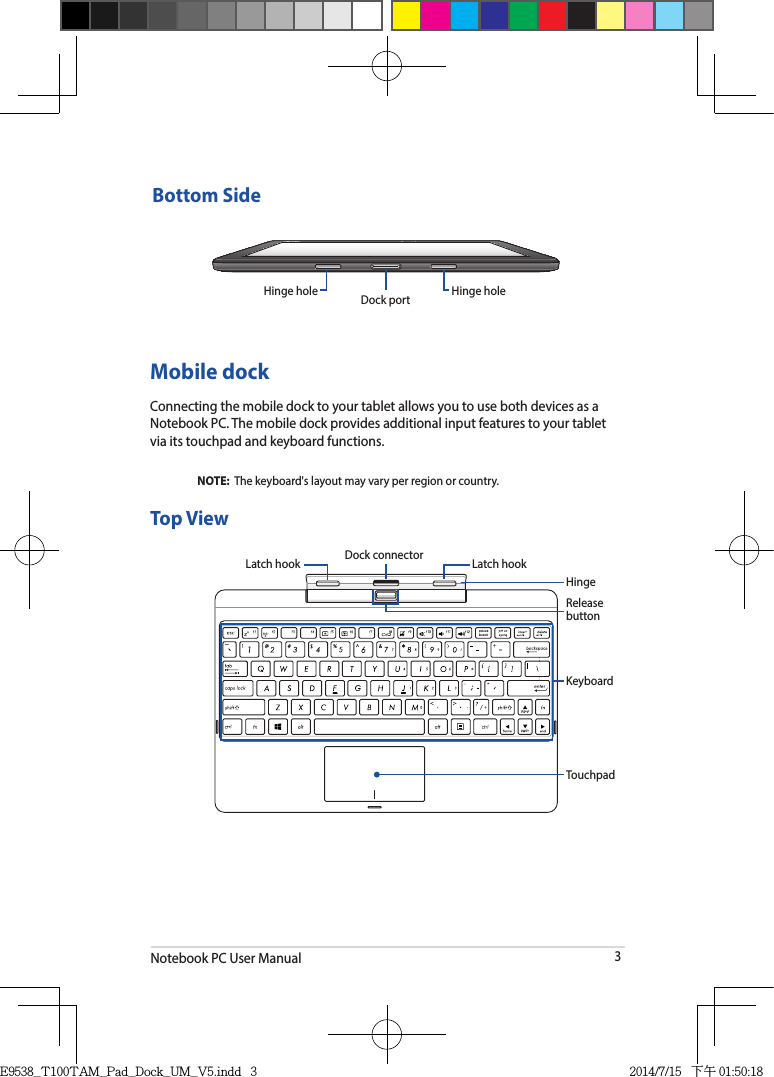 Notebook PC User Manual3Bottom SideHinge hole Dock port Hinge holeMobile dockConnecting the mobile dock to your tablet allows you to use both devices as a Notebook PC. The mobile dock provides additional input features to your tablet via its touchpad and keyboard functions.NOTE:  The keyboard&apos;s layout may vary per region or country. Top ViewRelease buttonTouchpadKeyboardLatch hookLatch hook Dock connectorHingeE9538_T100TAM_Pad_Dock_UM_V5.indd   3 2014/7/15   下午 01:50:18