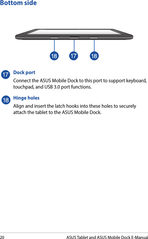 20ASUS Tablet and ASUS Mobile Dock E-ManualBottom sideDock portConnect the ASUS Mobile Dock to this port to support keyboard, touchpad, and USB 3.0 port functions. Hinge holesAlign and insert the latch hooks into these holes to securely attach the tablet to the ASUS Mobile Dock.