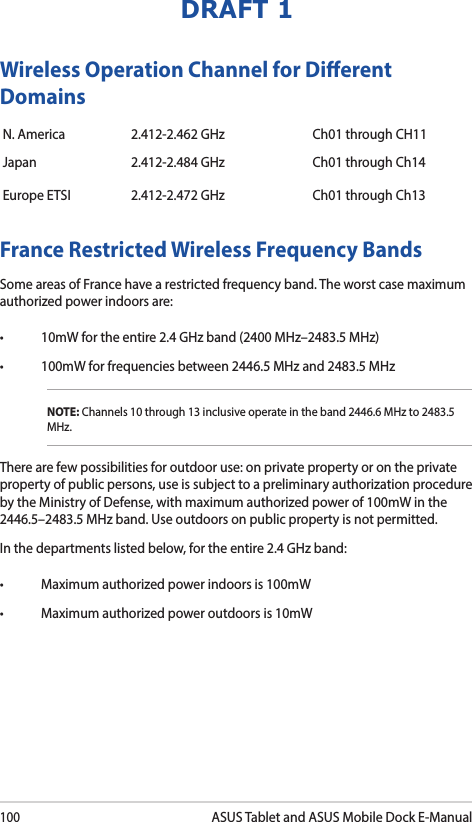 100ASUS Tablet and ASUS Mobile Dock E-ManualDRAFT 1France Restricted Wireless Frequency BandsSome areas of France have a restricted frequency band. The worst case maximum authorized power indoors are: • 10mWfortheentire2.4GHzband(2400MHz–2483.5MHz)• 100mWforfrequenciesbetween2446.5MHzand2483.5MHzNOTE: Channels 10 through 13 inclusive operate in the band 2446.6 MHz to 2483.5 MHz.There are few possibilities for outdoor use: on private property or on the private property of public persons, use is subject to a preliminary authorization procedure by the Ministry of Defense, with maximum authorized power of 100mW in the 2446.5–2483.5MHzband.Useoutdoorsonpublicpropertyisnotpermitted.In the departments listed below, for the entire 2.4 GHz band: • Maximumauthorizedpowerindoorsis100mW• Maximumauthorizedpoweroutdoorsis10mWWireless Operation Channel for Dierent DomainsN. America 2.412-2.462 GHz Ch01 through CH11Japan 2.412-2.484 GHz Ch01 through Ch14Europe ETSI 2.412-2.472 GHz Ch01 through Ch13