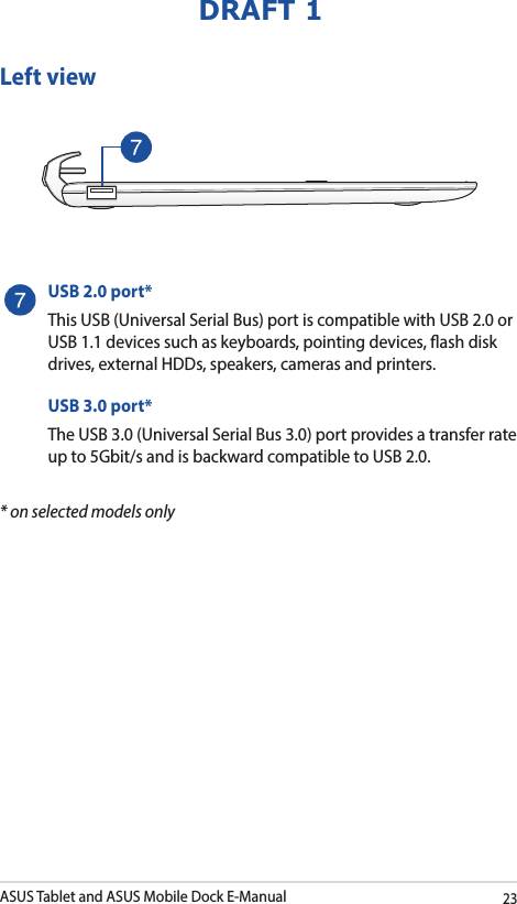 ASUS Tablet and ASUS Mobile Dock E-Manual23DRAFT 1USB 2.0 port*This USB (Universal Serial Bus) port is compatible with USB 2.0 or USB 1.1 devices such as keyboards, pointing devices, ash disk drives, external HDDs, speakers, cameras and printers.USB 3.0 port*The USB 3.0 (Universal Serial Bus 3.0) port provides a transfer rate up to 5Gbit/s and is backward compatible to USB 2.0.Left view* on selected models only