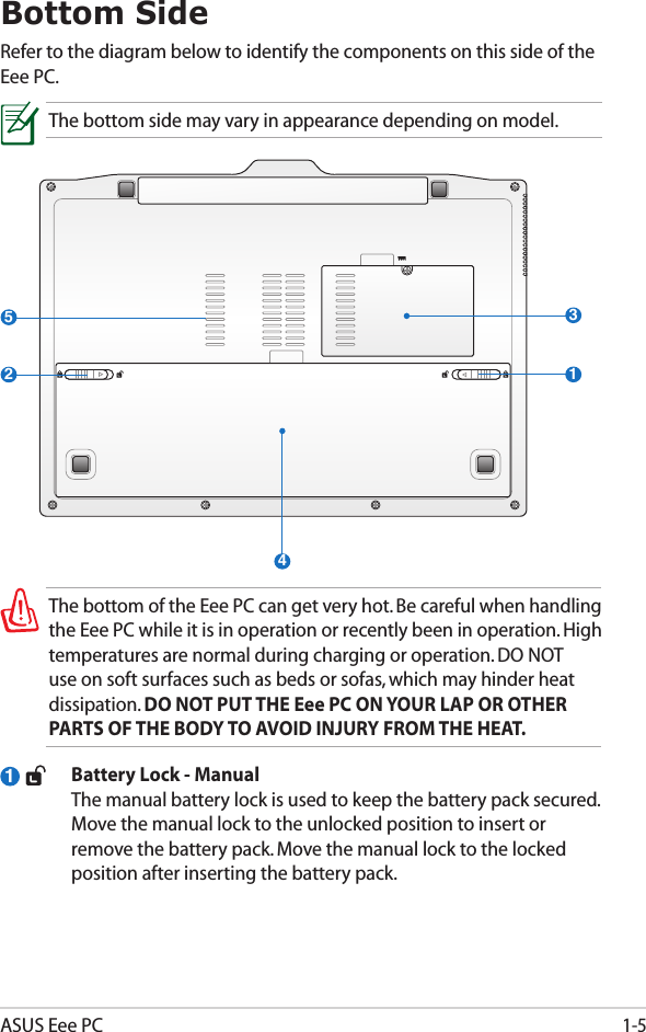 ASUS Eee PC1-5  Battery Lock - Manual  The manual battery lock is used to keep the battery pack secured. Move the manual lock to the unlocked position to insert or remove the battery pack. Move the manual lock to the locked position after inserting the battery pack.1Bottom SideRefer to the diagram below to identify the components on this side of the Eee PC.The bottom side may vary in appearance depending on model.12543The bottom of the Eee PC can get very hot. Be careful when handling the Eee PC while it is in operation or recently been in operation. High temperatures are normal during charging or operation. DO NOT use on soft surfaces such as beds or sofas, which may hinder heat dissipation. DO NOT PUT THE Eee PC ON YOUR LAP OR OTHER PARTS OF THE BODY TO AVOID INJURY FROM THE HEAT. 