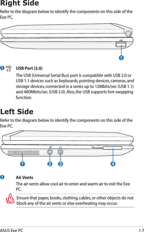ASUS Eee PC1-71Right SideRefer to the diagram below to identify the components on this side of the Eee PC.1  USB Port (2.0)  The USB (Universal Serial Bus) port is compatible with USB 2.0 or USB 1.1 devices such as keyboards, pointing devices, cameras, and storage devices, connected in a series up to 12Mbits/sec (USB 1.1) and 480Mbits/sec (USB 2.0). Also, the USB supports hot-swapping function.21 3 4Left SideRefer to the diagram below to identify the components on this side of the Eee PC.  Air Vents  The air vents allow cool air to enter and warm air to exit the Eee PC.Ensure that paper, books, clothing, cables, or other objects do not block any of the air vents or else overheating may occur.1