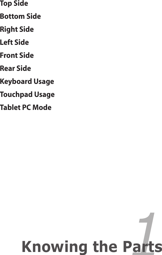 Top SideBottom SideRight SideLeft SideFront SideRear SideKeyboard UsageTouchpad UsageTablet PC Mode1Knowing the Parts
