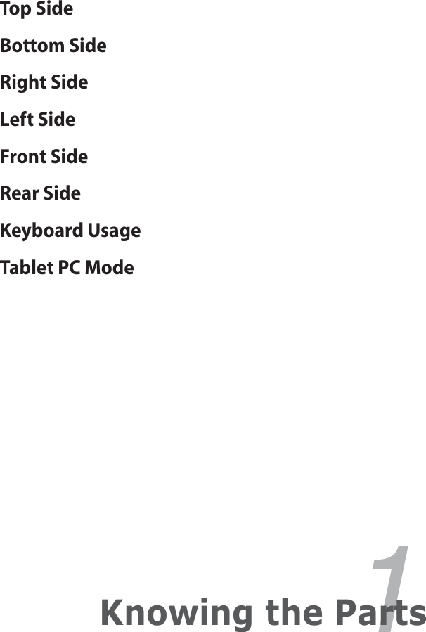 Top SideBottom SideRight SideLeft SideFront SideRear SideKeyboard UsageTablet PC Mode1Knowing the Parts