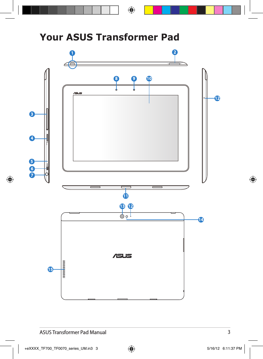 ASUS Transformer Pad Manual3Your ASUS Transformer Pad11211235468109141315712+eXXXX_TF700_TF0070_series_UM.in3   3 5/16/12   6:11:37 PM
