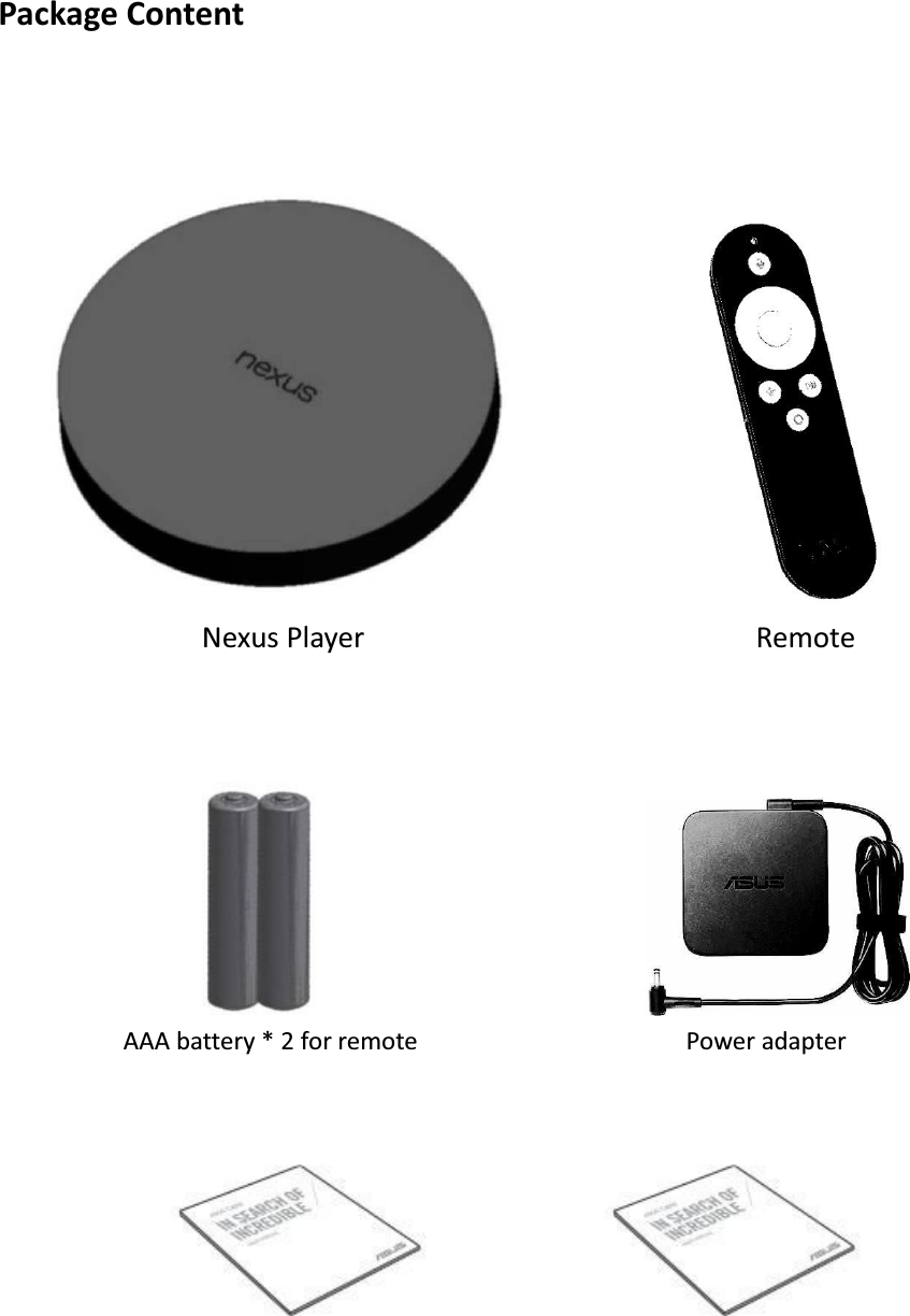     Package Content                     Nexus Player                                                  Remote                                                                                         AAA battery * 2 for remote                                        Power adapter                                                