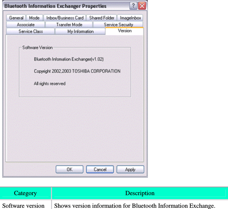 Category DescriptionSoftware version Shows version information for Bluetooth Information Exchange.