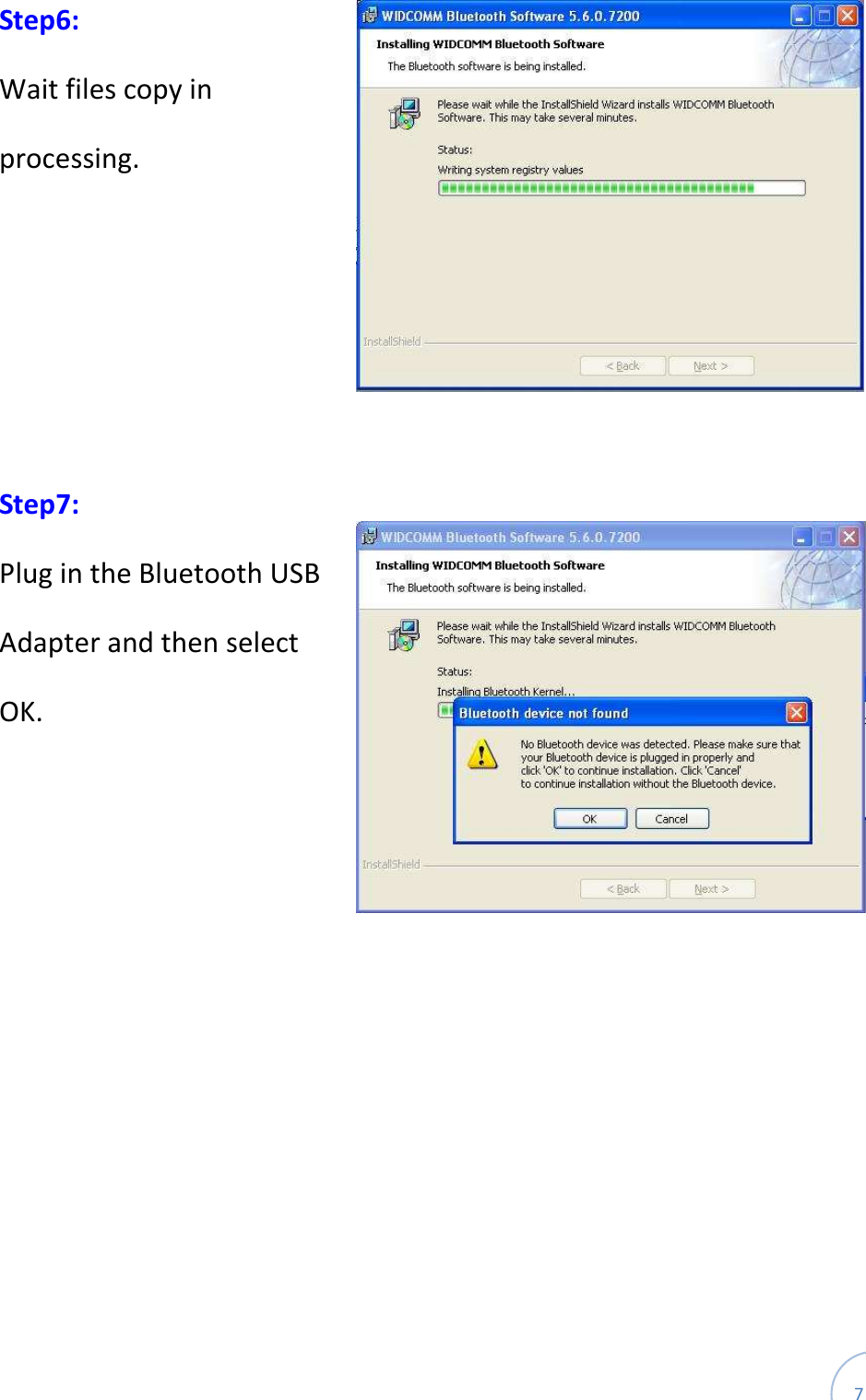  7 Step6: Wait files copy in processing.     Step7: Plug in the Bluetooth USB Adapter and then select OK.    