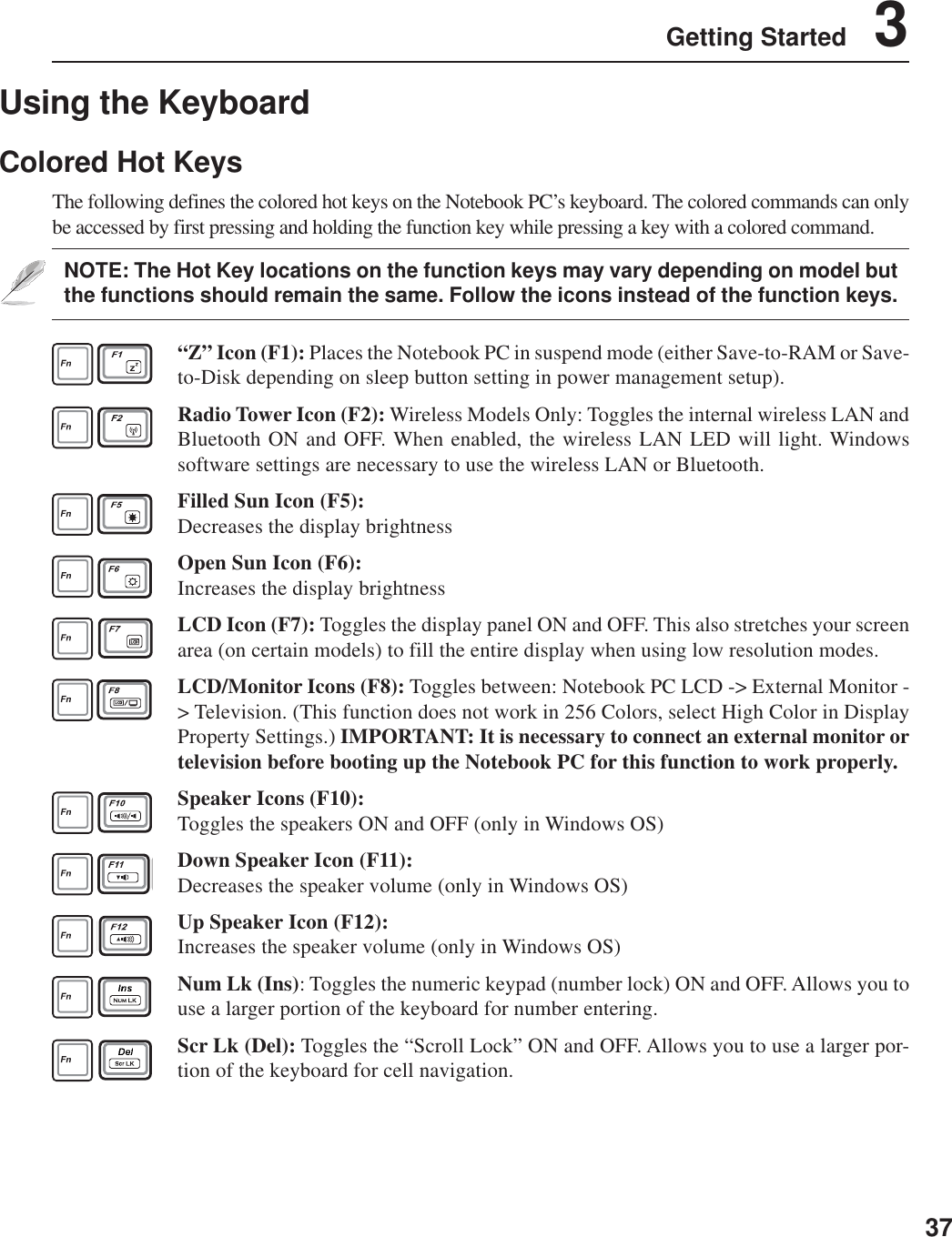 37Getting Started    3Using the KeyboardColored Hot KeysThe following defines the colored hot keys on the Notebook PC’s keyboard. The colored commands can onlybe accessed by first pressing and holding the function key while pressing a key with a colored command.NOTE: The Hot Key locations on the function keys may vary depending on model butthe functions should remain the same. Follow the icons instead of the function keys.“Z” Icon (F1): Places the Notebook PC in suspend mode (either Save-to-RAM or Save-to-Disk depending on sleep button setting in power management setup).Radio Tower Icon (F2): Wireless Models Only: Toggles the internal wireless LAN andBluetooth ON and OFF. When enabled, the wireless LAN LED will light. Windowssoftware settings are necessary to use the wireless LAN or Bluetooth.Filled Sun Icon (F5):Decreases the display brightnessOpen Sun Icon (F6):Increases the display brightnessLCD Icon (F7): Toggles the display panel ON and OFF. This also stretches your screenarea (on certain models) to fill the entire display when using low resolution modes.LCD/Monitor Icons (F8): Toggles between: Notebook PC LCD -&gt; External Monitor -&gt; Television. (This function does not work in 256 Colors, select High Color in DisplayProperty Settings.) IMPORTANT: It is necessary to connect an external monitor ortelevision before booting up the Notebook PC for this function to work properly.Speaker Icons (F10):Toggles the speakers ON and OFF (only in Windows OS)Down Speaker Icon (F11):Decreases the speaker volume (only in Windows OS)Up Speaker Icon (F12):Increases the speaker volume (only in Windows OS)Num Lk (Ins): Toggles the numeric keypad (number lock) ON and OFF. Allows you touse a larger portion of the keyboard for number entering.Scr Lk (Del): Toggles the “Scroll Lock” ON and OFF. Allows you to use a larger por-tion of the keyboard for cell navigation.