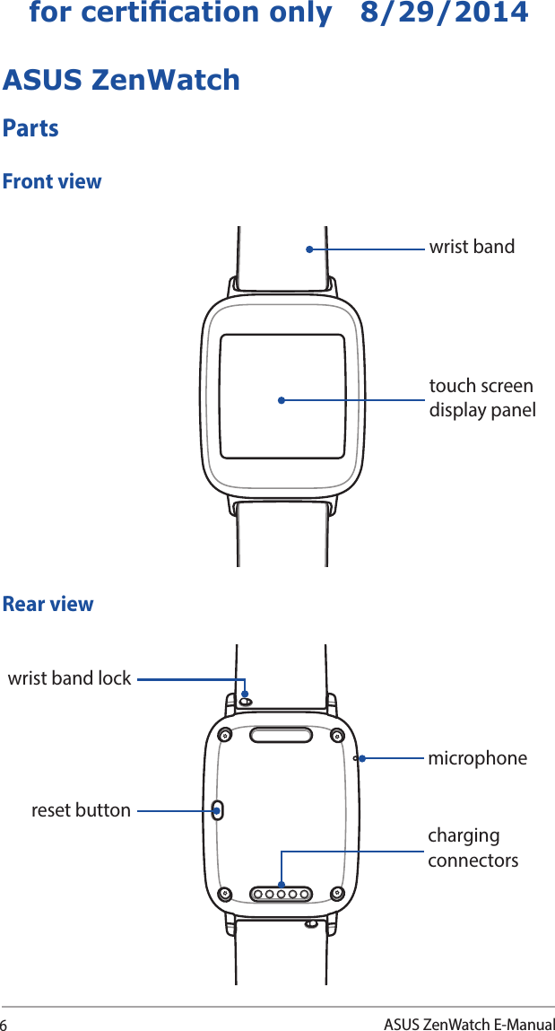 6ASUS ZenWatch E-Manualfor certication only   8/29/2014ASUS ZenWatchPartsFront viewwrist bandRear viewtouch screen display panelmicrophonereset buttonwrist band lockcharging connectors