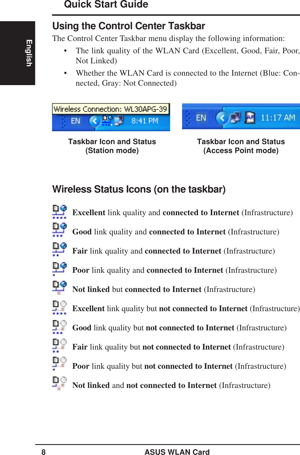 8ASUS WLAN CardQuick Start GuideEnglishWireless Status Icons (on the taskbar)Excellent link quality and connected to Internet (Infrastructure)Good link quality and connected to Internet (Infrastructure)Fair link quality and connected to Internet (Infrastructure)Poor link quality and connected to Internet (Infrastructure)Not linked but connected to Internet (Infrastructure)Excellent link quality but not connected to Internet (Infrastructure)Good link quality but not connected to Internet (Infrastructure)Fair link quality but not connected to Internet (Infrastructure)Poor link quality but not connected to Internet (Infrastructure)Not linked and not connected to Internet (Infrastructure)Using the Control Center TaskbarThe Control Center Taskbar menu display the following information:• The link quality of the WLAN Card (Excellent, Good, Fair, Poor,Not Linked)• Whether the WLAN Card is connected to the Internet (Blue: Con-nected, Gray: Not Connected)Taskbar Icon and Status(Station mode) Taskbar Icon and Status(Access Point mode)