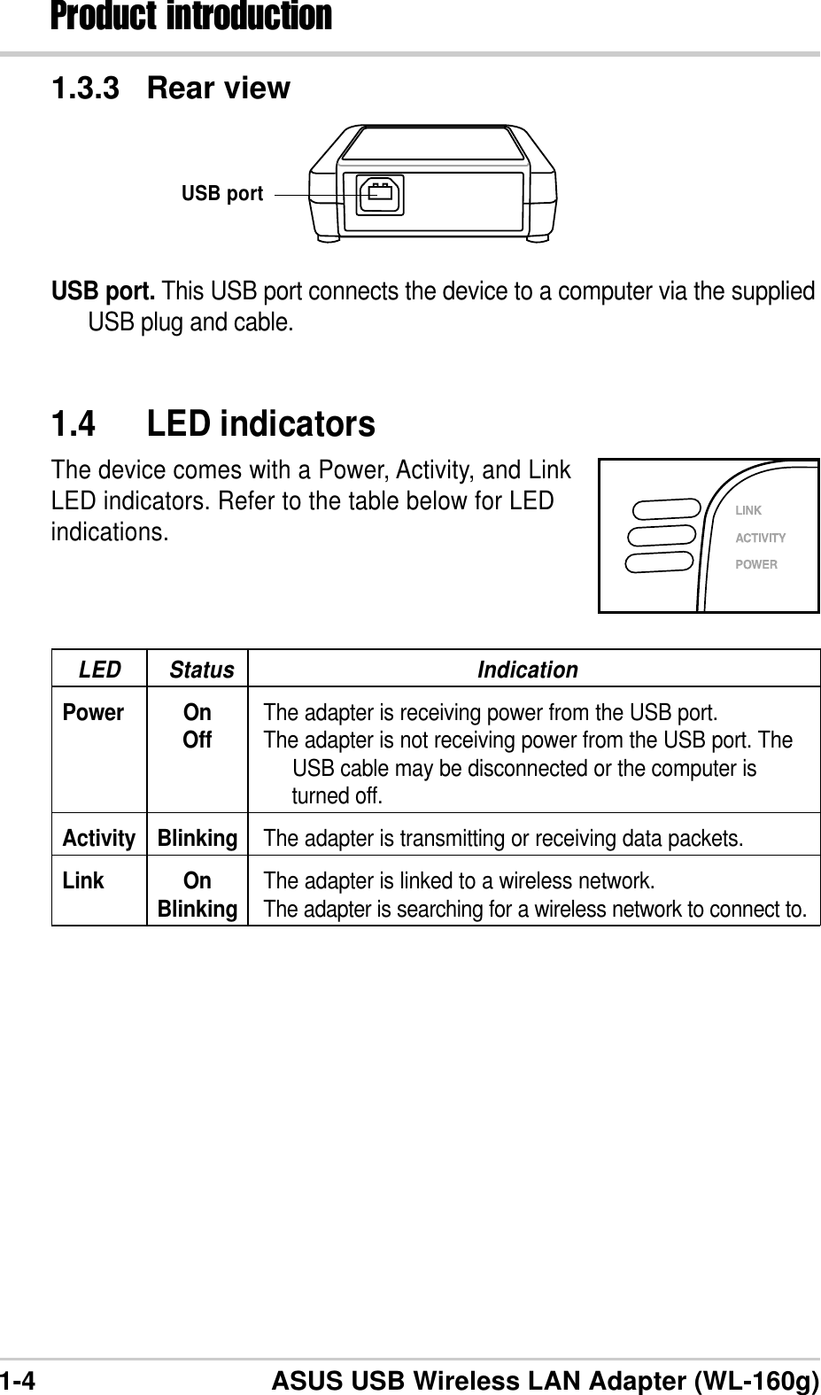 1-4 ASUS USB Wireless LAN Adapter (WL-160g)Product introduction1.4 LED indicatorsThe device comes with a Power, Activity, and LinkLED indicators. Refer to the table below for LEDindications.1.3.3 Rear viewUSB port. This USB port connects the device to a computer via the suppliedUSB plug and cable.LED Status IndicationPower On The adapter is receiving power from the USB port.Off The adapter is not receiving power from the USB port. The     USB cable may be disconnected or the computer is     turned off.Activity Blinking The adapter is transmitting or receiving data packets.Link On The adapter is linked to a wireless network.Blinking The adapter is searching for a wireless network to connect to.USB port