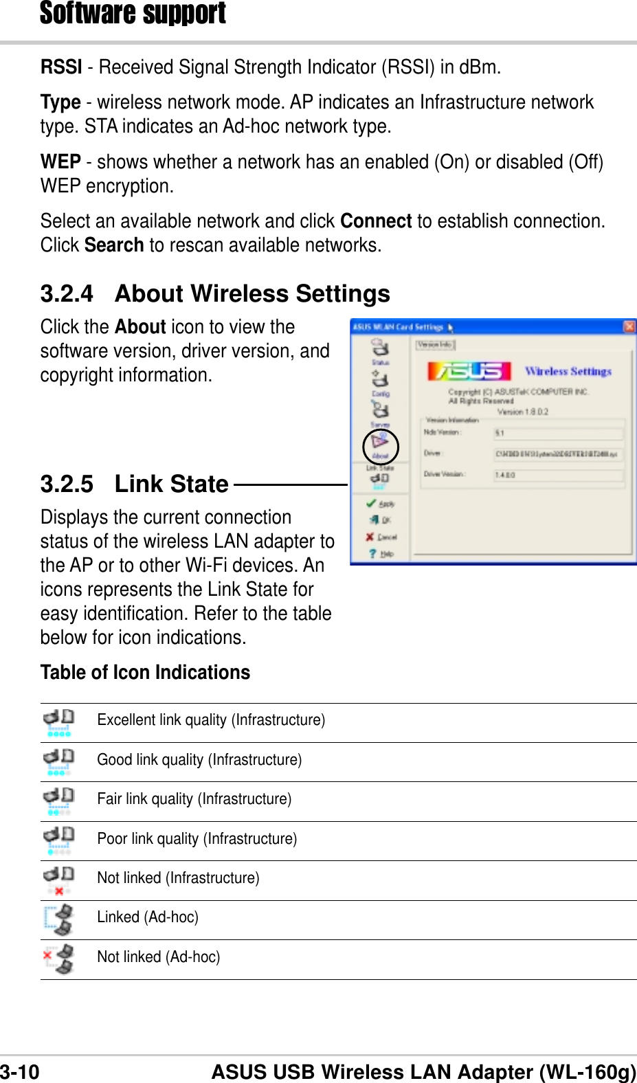 3-10 ASUS USB Wireless LAN Adapter (WL-160g)Software supportRSSI - Received Signal Strength Indicator (RSSI) in dBm.Type - wireless network mode. AP indicates an Infrastructure networktype. STA indicates an Ad-hoc network type.WEP - shows whether a network has an enabled (On) or disabled (Off)WEP encryption.Select an available network and click Connect to establish connection.Click Search to rescan available networks.3.2.4 About Wireless SettingsClick the About icon to view thesoftware version, driver version, andcopyright information.3.2.5 Link StateDisplays the current connectionstatus of the wireless LAN adapter tothe AP or to other Wi-Fi devices. Anicons represents the Link State foreasy identification. Refer to the tablebelow for icon indications.Table of Icon IndicationsExcellent link quality (Infrastructure)Good link quality (Infrastructure)Fair link quality (Infrastructure)Poor link quality (Infrastructure)Not linked (Infrastructure)Linked (Ad-hoc)Not linked (Ad-hoc)
