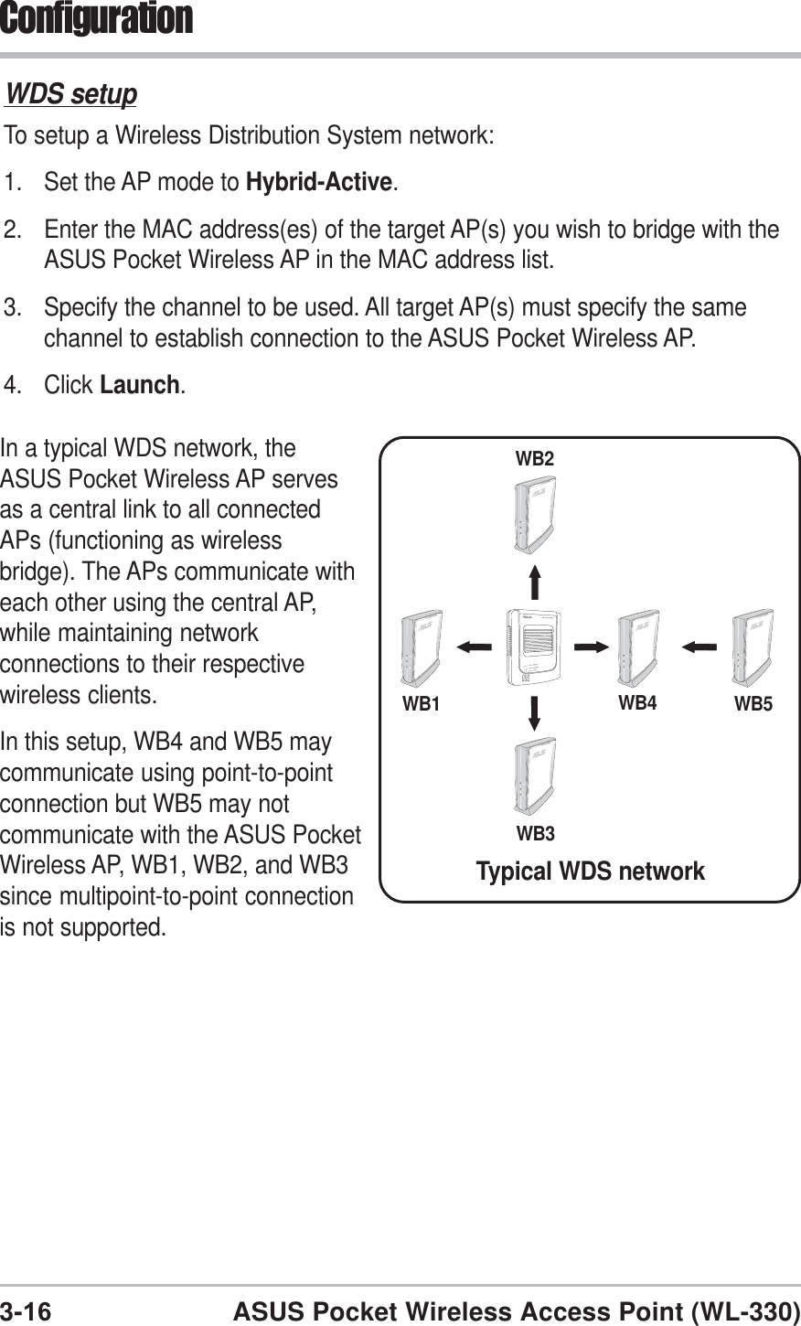 3-16 ASUS Pocket Wireless Access Point (WL-330)ConfigurationWDS setupTo setup a Wireless Distribution System network:1. Set the AP mode to Hybrid-Active.2. Enter the MAC address(es) of the target AP(s) you wish to bridge with theASUS Pocket Wireless AP in the MAC address list.3. Specify the channel to be used. All target AP(s) must specify the samechannel to establish connection to the ASUS Pocket Wireless AP.4. Click Launch.Typical WDS networkWB2WB4WB1WB3WB5In a typical WDS network, theASUS Pocket Wireless AP servesas a central link to all connectedAPs (functioning as wirelessbridge). The APs communicate witheach other using the central AP,while maintaining networkconnections to their respectivewireless clients.In this setup, WB4 and WB5 maycommunicate using point-to-pointconnection but WB5 may notcommunicate with the ASUS PocketWireless AP, WB1, WB2, and WB3since multipoint-to-point connectionis not supported.