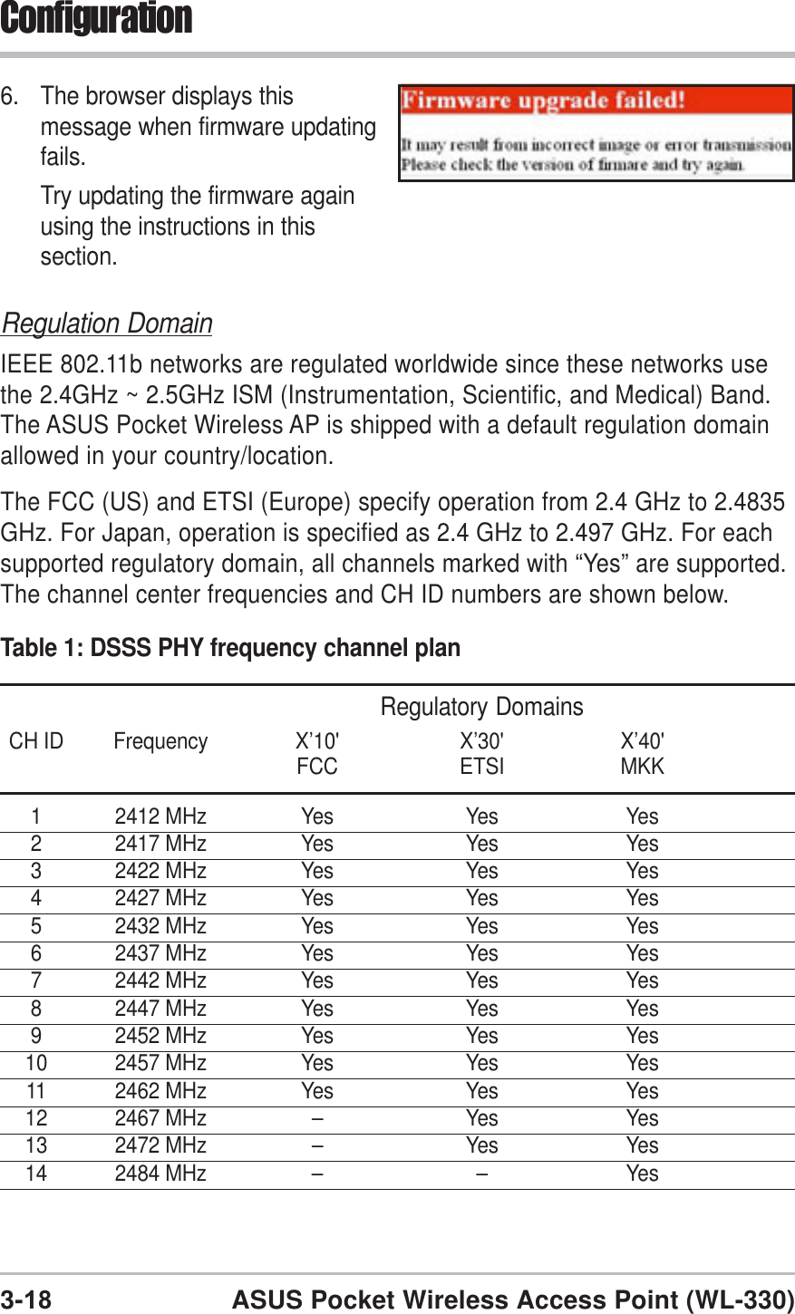 3-18 ASUS Pocket Wireless Access Point (WL-330)ConfigurationRegulation DomainIEEE 802.11b networks are regulated worldwide since these networks usethe 2.4GHz ~ 2.5GHz ISM (Instrumentation, Scientific, and Medical) Band.The ASUS Pocket Wireless AP is shipped with a default regulation domainallowed in your country/location.The FCC (US) and ETSI (Europe) specify operation from 2.4 GHz to 2.4835GHz. For Japan, operation is specified as 2.4 GHz to 2.497 GHz. For eachsupported regulatory domain, all channels marked with “Yes” are supported.The channel center frequencies and CH ID numbers are shown below.Table 1: DSSS PHY frequency channel planRegulatory DomainsCH ID Frequency X’10&apos; X’30&apos; X’40&apos;FCC ETSI MKK1 2412 MHz Yes Yes Yes2 2417 MHz Yes Yes Yes3 2422 MHz Yes Yes Yes4 2427 MHz Yes Yes Yes5 2432 MHz Yes Yes Yes6 2437 MHz Yes Yes Yes7 2442 MHz Yes Yes Yes8 2447 MHz Yes Yes Yes9 2452 MHz Yes Yes Yes10 2457 MHz Yes Yes Yes11 2462 MHz Yes Yes Yes12 2467 MHz – Yes Yes13 2472 MHz – Yes Yes14 2484 MHz – – Yes6. The browser displays thismessage when firmware updatingfails.Try updating the firmware againusing the instructions in thissection.