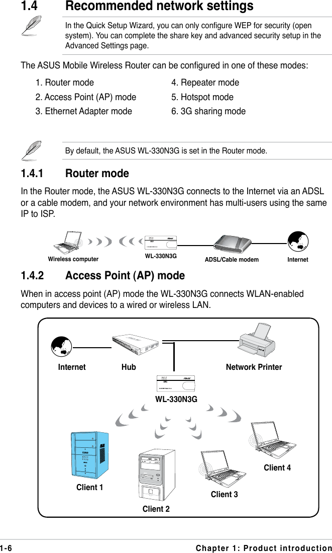 1-6 Chapter 1: Product introduction1.4  Recommended network settingsInternet Hub˝Network PrinterClient 1Client 2Client 3Client 4WL-330N3GMODE1.4.2  Access Point (AP) modeWhen in access point (AP) mode the WL-330N3G connects WLAN-enabled computers and devices to a wired or wireless LAN.Wireless computer Internet˝ADSL/Cable modemWL-330N3GIn the Quick Setup Wizard, you can only congure WEP for security (open system). You can complete the share key and advanced security setup in the Advanced Settings page.The ASUS Mobile Wireless Router can be congured in one of these modes:  1. Router mode     4. Repeater mode  2. Access Point (AP) mode  5. Hotspot mode  3. Ethernet Adapter mode   6. 3G sharing mode By default, the ASUS WL-330N3G is set in the Router mode.1.4.1  Router modeIn the Router mode, the ASUS WL-330N3G connects to the Internet via an ADSL or a cable modem, and your network environment has multi-users using the same IP to ISP.