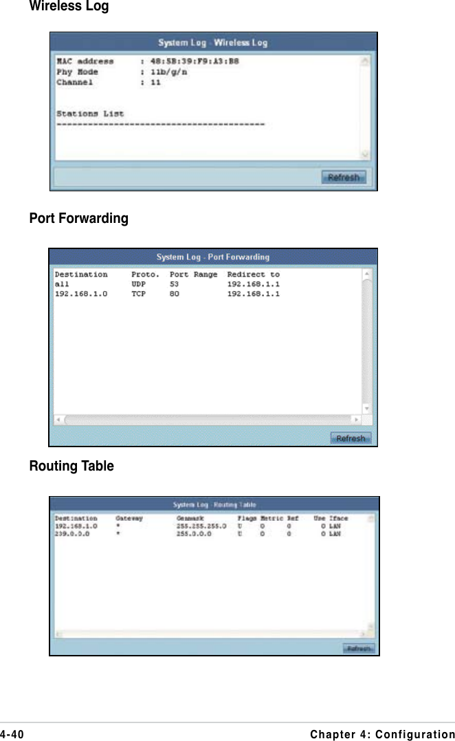 4-40 Chapter 4: ConfigurationWireless LogPort ForwardingRouting Table