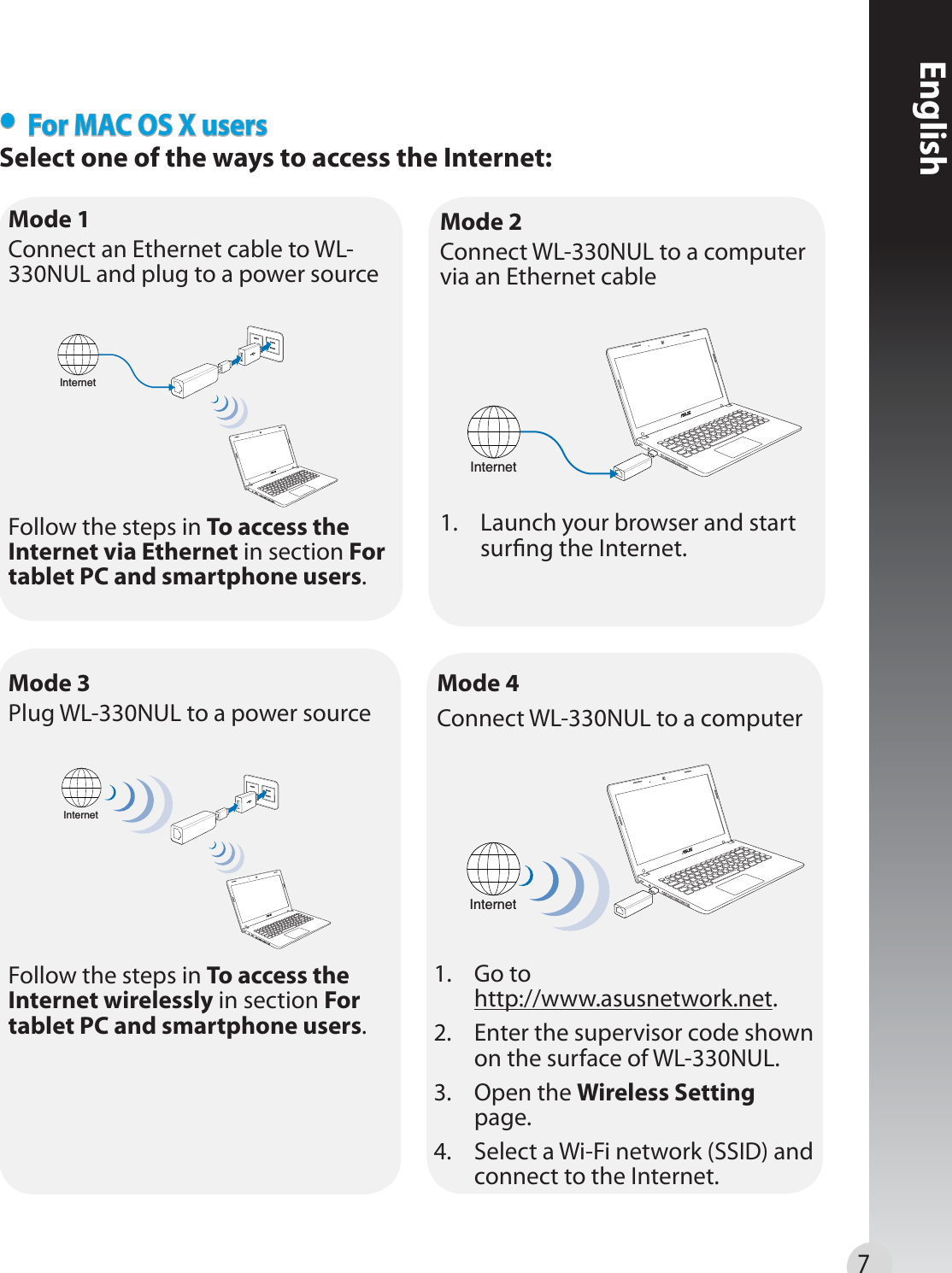 7Mode 2 Connect WL-330NUL to a computer via an Ethernet cableInternet1.  Launch your browser and start surng the Internet.Mode 3 Plug WL-330NUL to a power sourceMode 4 Connect WL-330NUL to a computerInternetInternetFollow the steps in To access the Internet wirelessly in section For tablet PC and smartphone users.1.  Go to  http://www.asusnetwork.net.2.  Enter the supervisor code shown on the surface of WL-330NUL.3. Open the Wireless Setting page.4.  Select a Wi-Fi network (SSID) and connect to the Internet.•  For MAC OS X usersSelect one of the ways to access the Internet:Mode 1 Connect an Ethernet cable to WL-330NUL and plug to a power sourceInternetFollow the steps in To access the  Internet via Ethernet in section For tablet PC and smartphone users.English