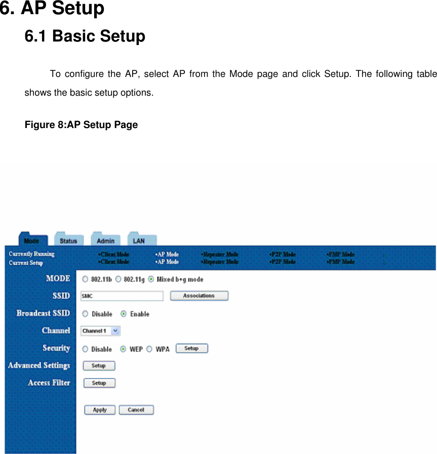 6. AP Setup   6.1 Basic Setup    To configure the AP, select AP from the Mode page and click Setup. The following table shows the basic setup options.   Figure 8:AP Setup Page       