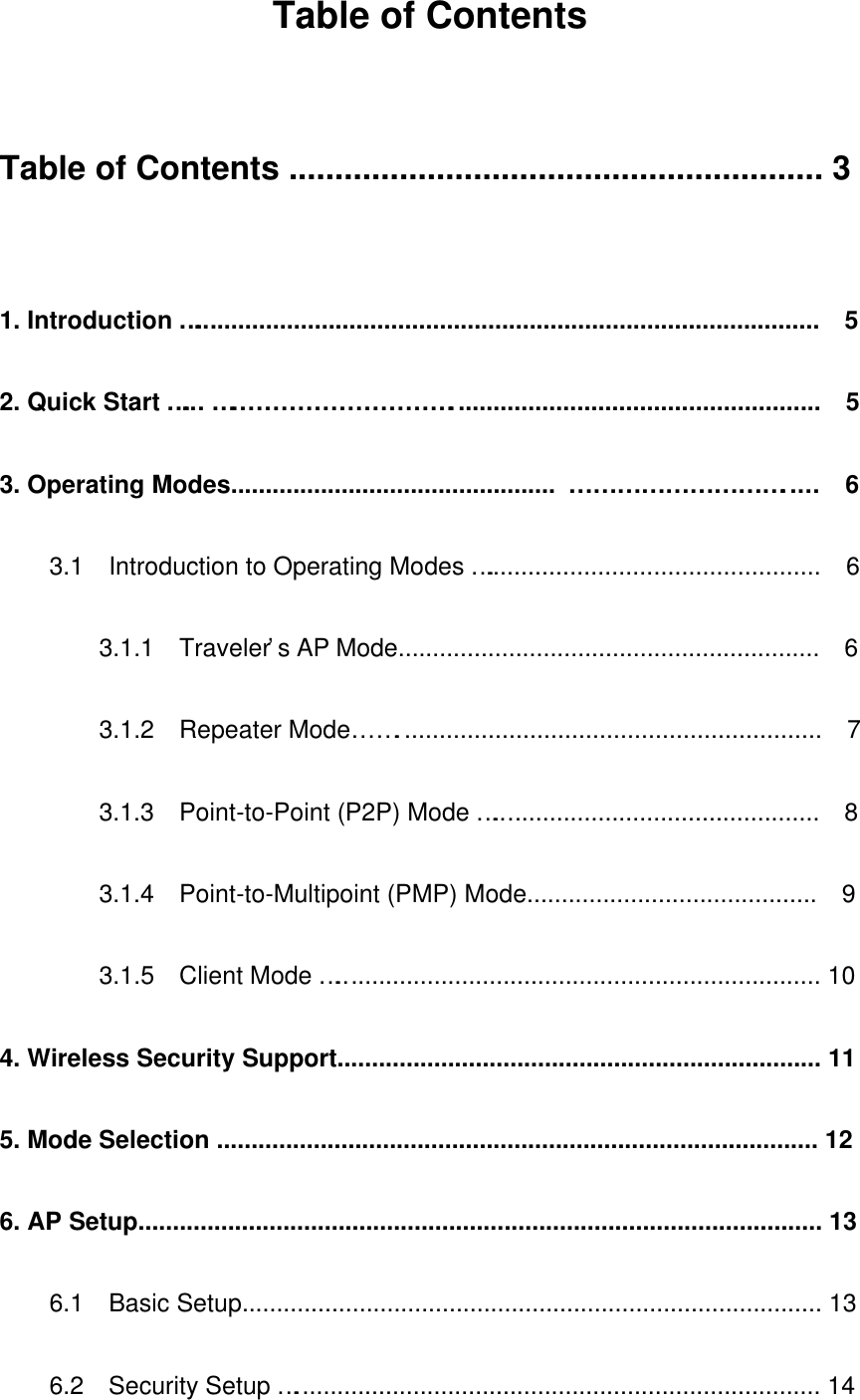 Table of Contents   Table of Contents .......................................................... 3  1. Introduction…..........................................................................................  5 2. Quick Start…... ………………………….....................................................  5 3. Operating Modes............................................... ……………………….....  6 3.1  Introduction to Operating Modes…................................................  6 3.1.1  Traveler’s AP Mode.............................................................  6 3.1.2  Repeater Mode…….............................................................   7 3.1.3  Point-to-Point (P2P) Mode…...............................................  8 3.1.4  Point-to-Multipoint (PMP) Mode..........................................   9 3.1.5  Client Mode…...................................................................... 10 4. Wireless Security Support...................................................................... 11 5. Mode Selection ....................................................................................... 12 6. AP Setup................................................................................................... 13 6.1  Basic Setup.................................................................................... 13 6.2  Security Setup…............................................................................ 14 