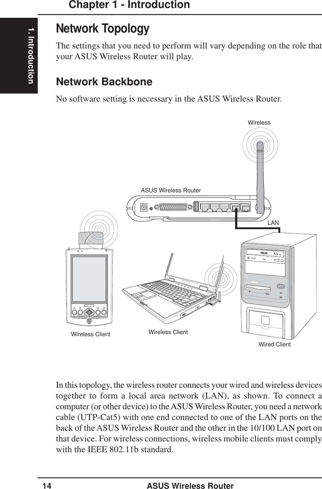 1. IntroductionChapter 1 - Introduction14 ASUS Wireless RouterWireless ClientWireless ClientASUS Wireless RouterLANWirelessWired ClientNetwork TopologyThe settings that you need to perform will vary depending on the role thatyour ASUS Wireless Router will play.Network BackboneNo software setting is necessary in the ASUS Wireless Router.In this topology, the wireless router connects your wired and wireless devicestogether to form a local area network (LAN), as shown. To connect acomputer (or other device) to the ASUS Wireless Router, you need a networkcable (UTP-Cat5) with one end connected to one of the LAN ports on theback of the ASUS Wireless Router and the other in the 10/100 LAN port onthat device. For wireless connections, wireless mobile clients must complywith the IEEE 802.11b standard.